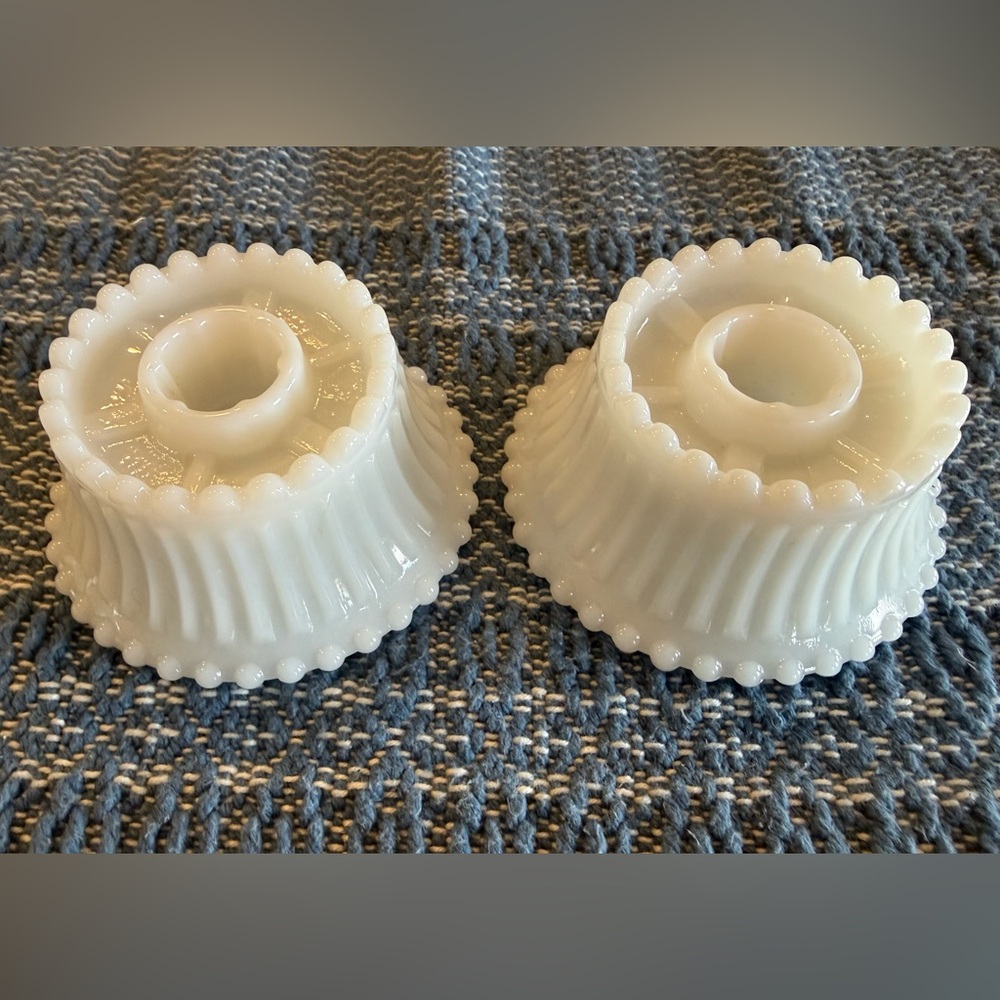 2 Vintage Milk Glass Taper Candle or Hurricane Holders Beaded Scalloped